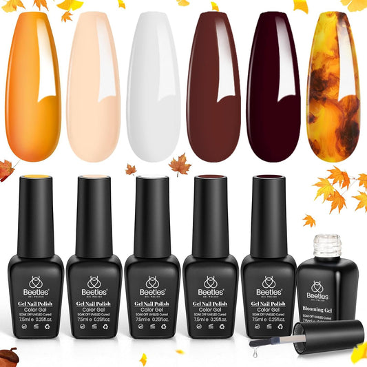 Beetles Fall Gel Polish with Blooming Gel - Amber Attraction 5 Colors Brown Gel Polish White Wine Fall Color Nail Polish Set Clear Blooming Polish Soak Off Uv Nail Art Gfit Set for Women