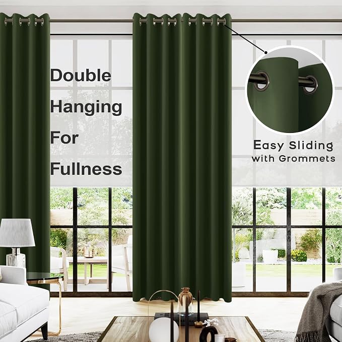 KOUFALL Olive Green Curtains 108 Inch Blackout Curtains, Grommet Thermal Insulated Room Darkening Window Drapes for Living Room Bedroom, Forest Green