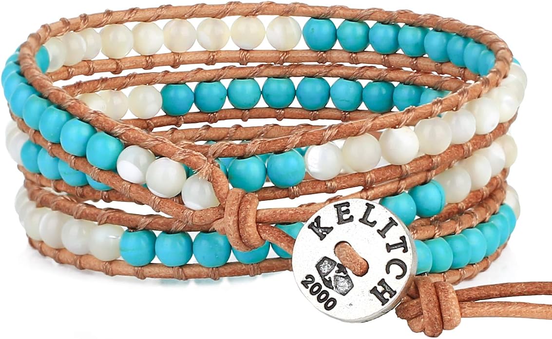 KELITCH Turquoise Beads Bracelets Leather 3 Wrap Bracelet Handmade Women Heart Jewelry