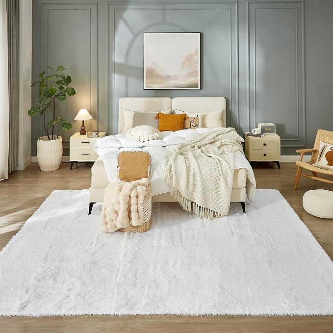 Floralux Bedroom Rug 9x12, Large White Shag Rugs for Living Room, Soft Fluffy Large Area Rug, Non-Slip Plush Modern Floor Carpet for Nursery, Dorm Home Decor Aesthetic