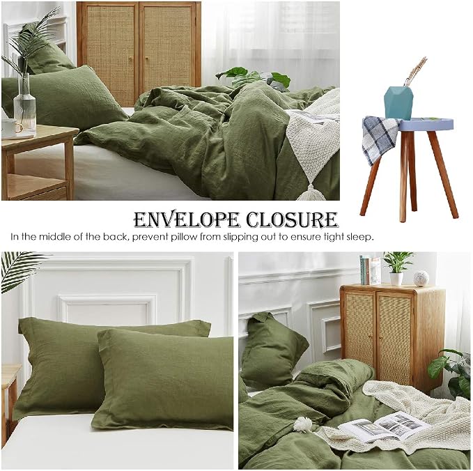 Simple&Opulence 100% Linen Duvet Cover Set 3pcs Basic Style Natural French Washed Flax Solid Color Soft Breathable Farmhouse Bedding with Button Closure - Olive Green, Full