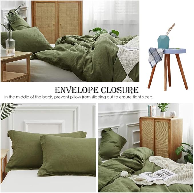 Simple&Opulence 100% Linen Duvet Cover Set 3pcs Basic Style Natural French Washed Flax Solid Color Soft Breathable Farmhouse Bedding with Button Closure - Olive Green, King