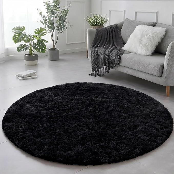 Black Small Round Rug 3Ft for Bedroom, Fluffy Circle Area Rugs for Living Room Decor Aesthetic, Shaggy Furry Circular Floor Carpet for Office Playroom Nursery Classroom, Modern Baby Kid Teen Boy Rug