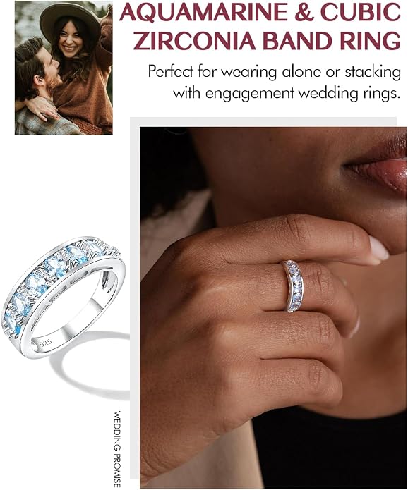 DAYBYDAY Oval Band Rings for Women, 925 Sterling Silver/14k Gold Plated Half Eternity Ring, Aquamarine/Ruby/Emerald/Sapphire Birthstone Rings, Thick Band Gemstone Anniversary Ring Size 6 to 10