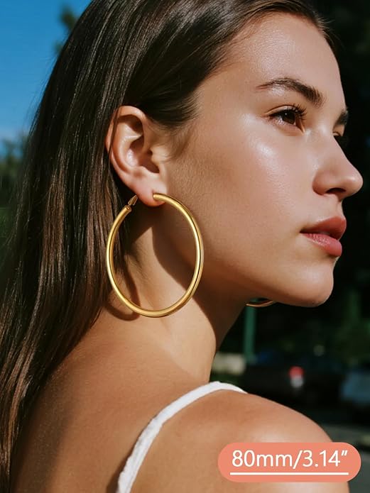 FaithHeart Chunky Hoop Earrings for Women, Silver/Black/14K Gold Plated Stainless Steel Earrings 5mm Thick Hollow Tube Hoops Hypoallergenic Lightweight Earring 20/30/40/50/60/70/80mm