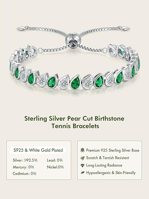 Birthstone Tennis Bracelet for Women 925 Sterling Silver Pear Shaped Gemstone Inlaid White Gold Plated Adjustable Chain Gifts for Mom Wife