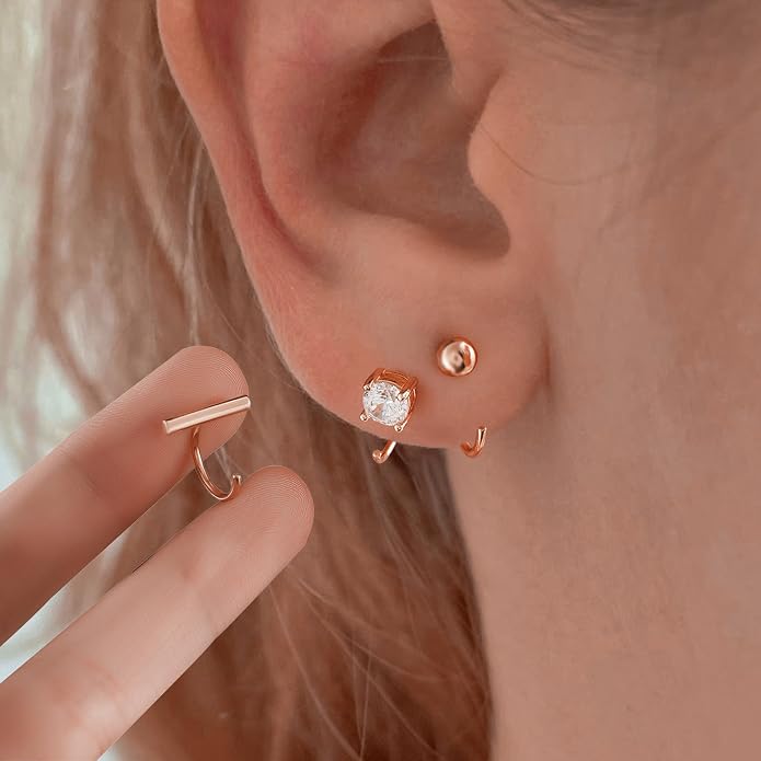 CHIC & ARTSY 925 Sterling Silver Half Hoop Earrings for Women, Small Huggie Hoops Set with Ball Bar Star Moon Cross & Pearl, Lightweight Comfort Fit Everyday & Sleep Earrings