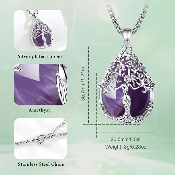 AEONSLOVE Tree of Life Necklace with Crystal for Women, Amethyst/Obsidian/Turquoise/Moonstone/Malachite Crystal Pendant Necklaces for Ladies