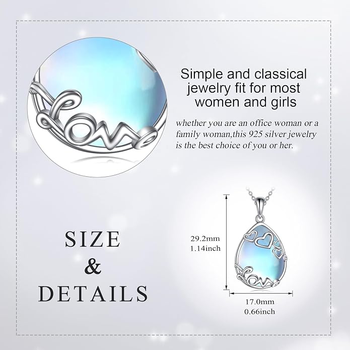 YAFEINI 925 Sterling Silver Moonstone Necklace Filigree Teardrop Pendant Necklace Jewelry for Women Girls