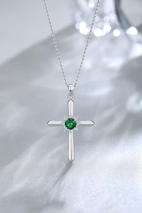 FANCIME Birthstone Cross Necklace for Women Sterling Silver Birthstone Necklace Halo Infinity Cross Pendant Necklace Fine Jewelry Valentines Day Gifts Birthday Holiday Gifts for Her, 16"+2" Inches