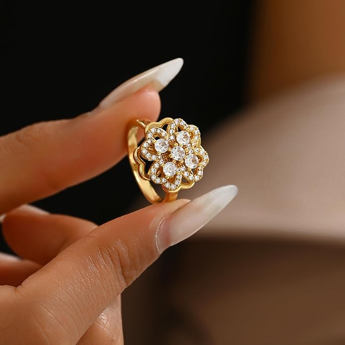 NONAMOIS Gold Rings for Women Evil Eye Flower Open Anti Anxiety Spinner Ring Adjustable Fidget Rings Jewelry Christmas Gifts
