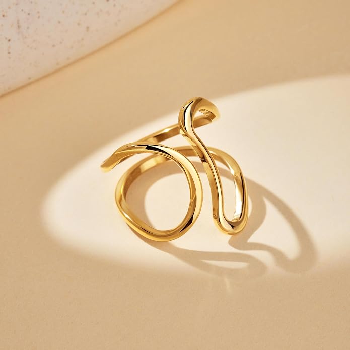 Gelbesty Waterproof Gold Statement Rings for Women, 14K Gold Plated Chunky Open Stackable Rings Non Tarnish Fashion Adjustable Stainless Steel Pinky Knuckle Signet Vintage Ring Jewelry Size 5-11
