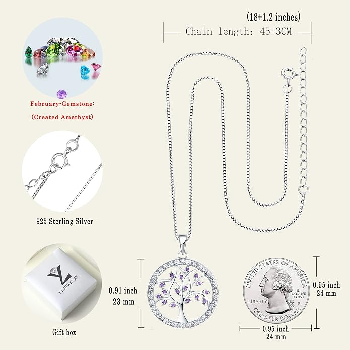 YL Tree of Life Necklace Sterling Silver Tree Pendant Created Amethyst Round Halo Jewelry for Women