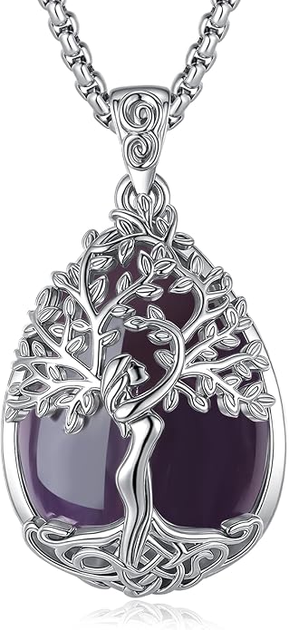 EUDORA Tree of Life Necklace with Moonstone Amethyst Obsidian Turquoise Healing Crystal for Women, Silver Plated Copper Mother Tree of Life Pendant Amulet Energy Jewelry, Gift for Women Mom, 20"+2"