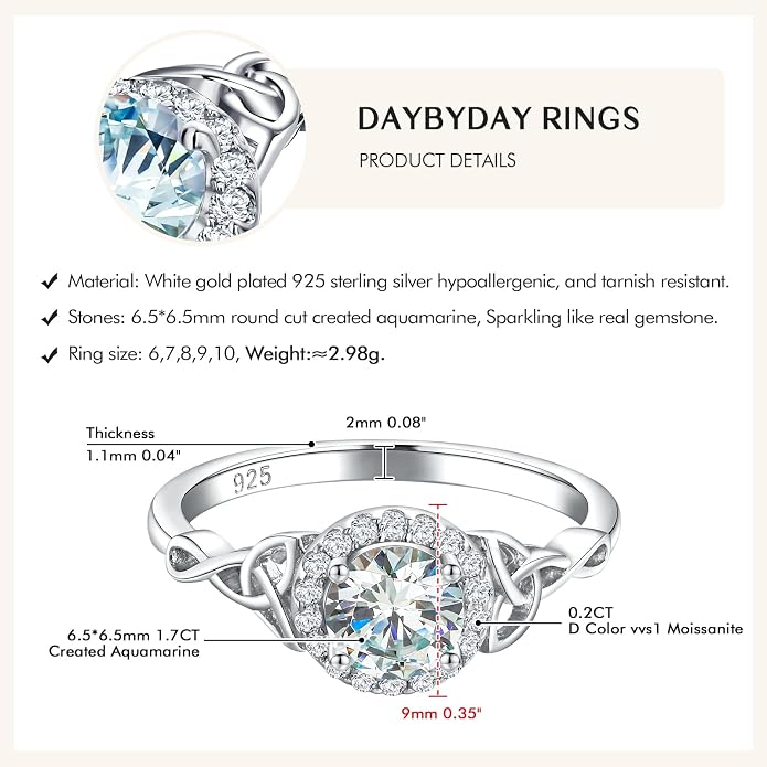 DAYBYDAY Celtic Birthstone Rings for Women 925 Sterling Silver Heart/Round/Pear/Oval Created Gemstone Moissanite Halo Engagement Promise Rings for Her Wife Birthday Anniversary Wedding Jewelry