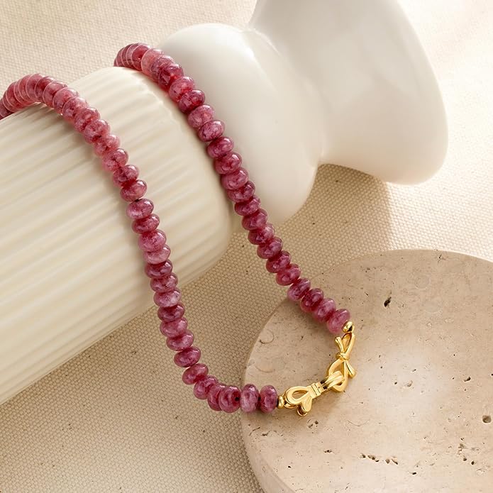 NLIEO Rainbow Colorful Gemstone Beaded Choker Necklace for Women 14K Gold Bow Birthstone Beads Chokers 18inches