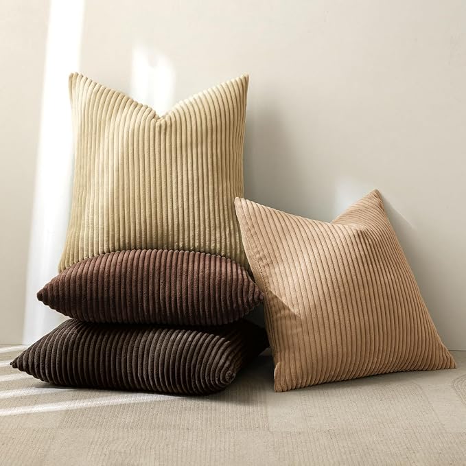 MIULEE Boho Farmhouse Throw Pillow Covers 18x18 Inch Set of 4 Rustic Mordern Neutral Cushion Covers Soft Corduroy Nordic Fall Home Decor for Couch Bed Sofa Living Room Dark Brown