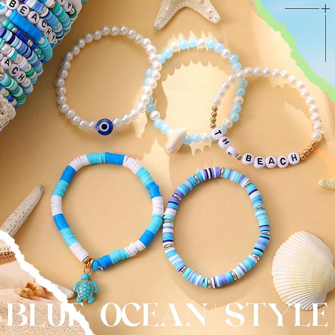 Landical 64 Pieces Summer Beach Bracelet Bulk Surfer Beaded Bracelets Stackable Clay shell Seashell Starfish Friendship Party Favor Pack Jewelry Outfits for Women Goody Bag Fillers