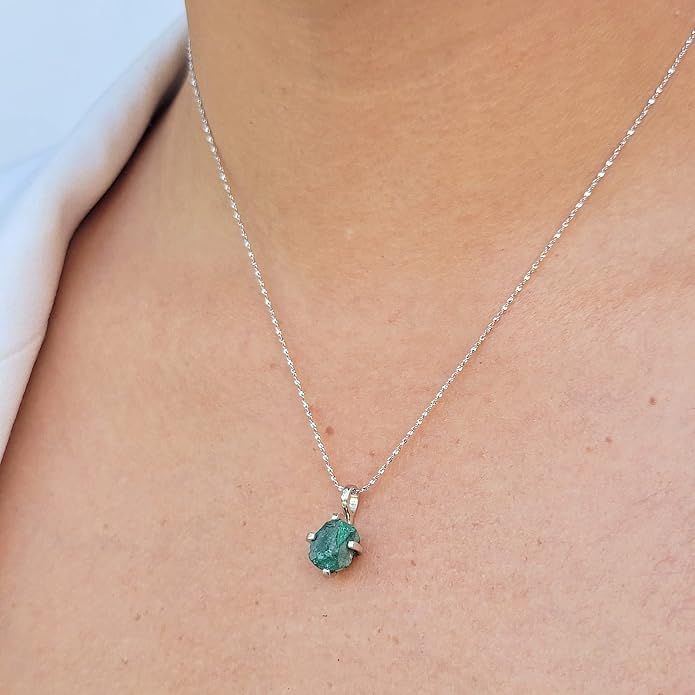 Natural raw gemstone pendant chain necklace with white gold over 925 solid sterling silver, birthstone dainty solitaire gift for her, uniquelan jewelry