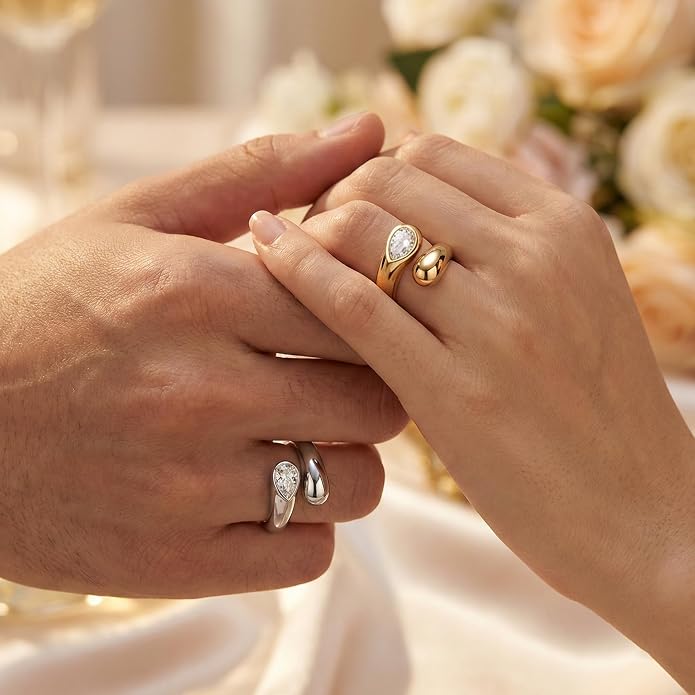 Non Tarnish Gold Chunky Rings for Women, 14K Gold Plated Statement Dome Rings Stacking Silver, Adjustable Mens Eternity Wedding Band Mixed Metal Jewelry Size 3-13