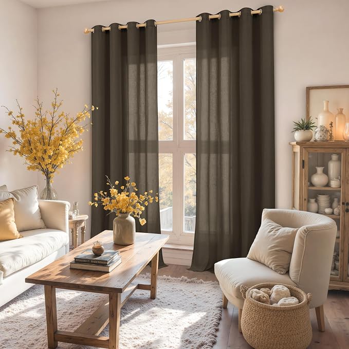 YoungsTex Brown Linen Semi Sheer Curtains 90 Inches Length for Living Room, Light Filtering Drapes Privacy with Grommet for Home Office Dining Room Bedroom, 2 Panels, 52 X 90 Inch