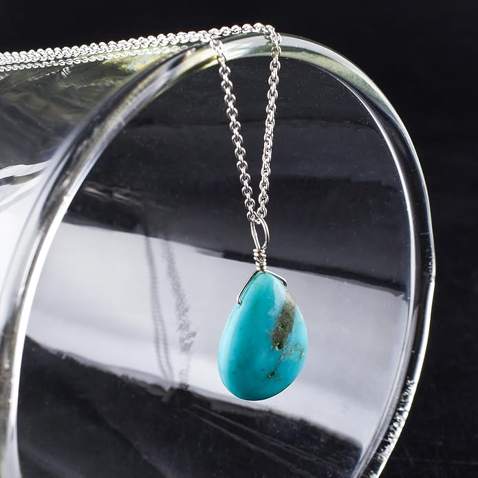 Gifts For Men Turquoise Jewelry Gemstone Pear Dainty Pendant Necklace Women for Her, Crystals, Birthstone, Healing Stones, Rhodium Plating 925 Sterling Silver 18 inch