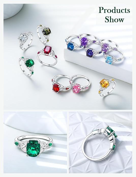 925 Sterling Silver Birthstone Rings for Women Cushion Cut Engagement Celtic Knot Ring Irish Jewelry Created Gemstone Anniversary Rings Size 6-10(with Box)