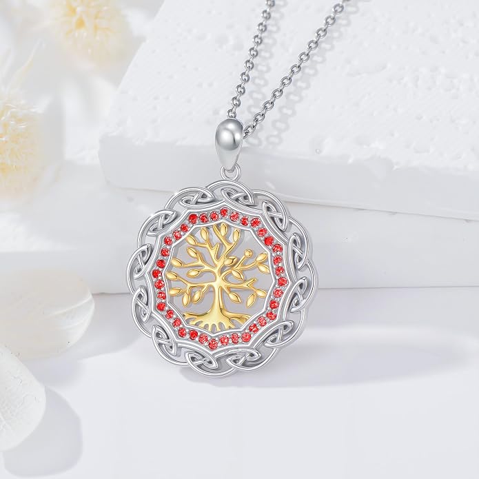 Sterling Silver Birthstone Celtic Tree of Life Necklace, 18K Gold Plated Colored Gemstone Tree of Life Pendant Two-Tone Necklaces Jewelry Birthday Gifts for Women 18" - 20"