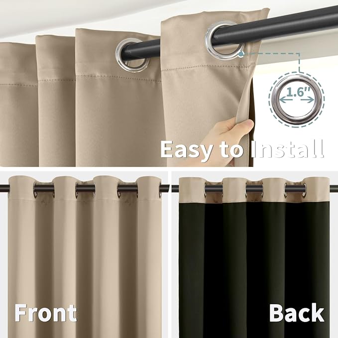 BGment Thermal Insulated 100% Blackout Curtains for Bedroom with Black Liner, Double Layer Full Room Darkening Noise Reducing Grommet Curtain (52 x 84 Inch, Sand, 2 Panels)