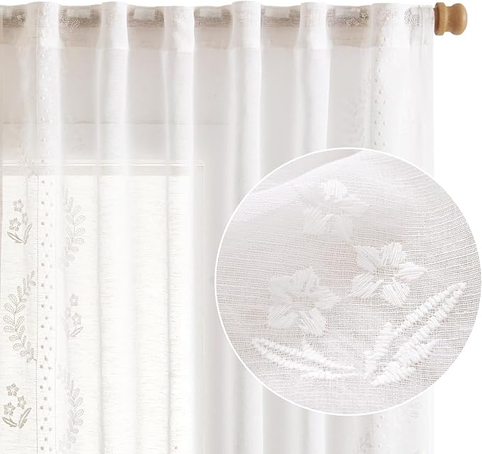 jinchan Belrose Linen Sheer Curtains for Living Room 63 Inch Length Sheer Voile Embroidered Floral Curtains for Bedroom Light Filtering Rod Pocket Window Treatments Farmhouse Decor 2 Panels White