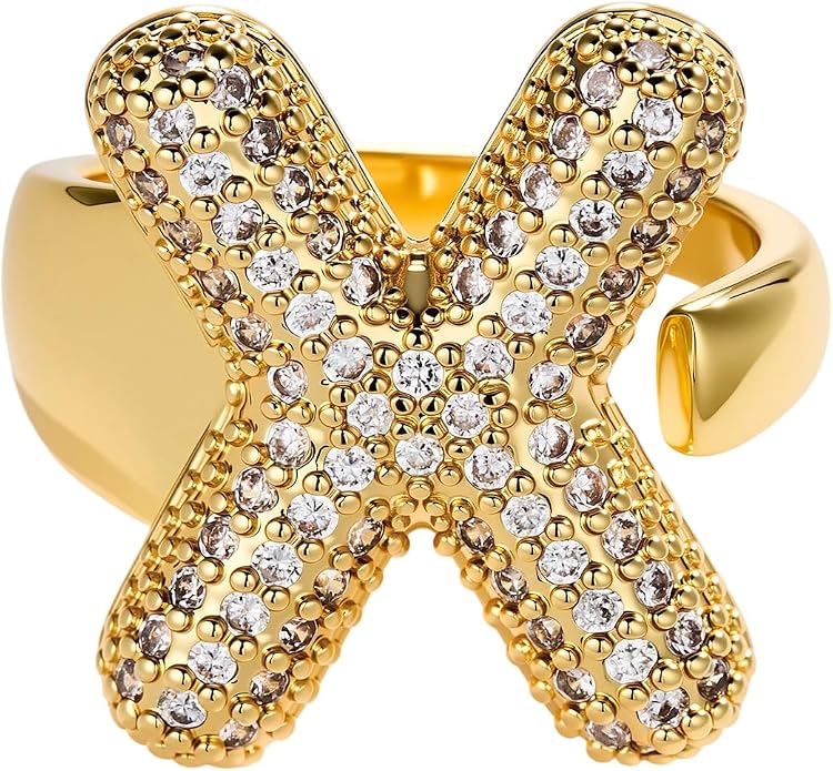 Cicy Bell Initial Rings for Women 14k Gold Plated Cubic Zirconia Delicate Letter Chunky Statement Open Rings Gifts for Her