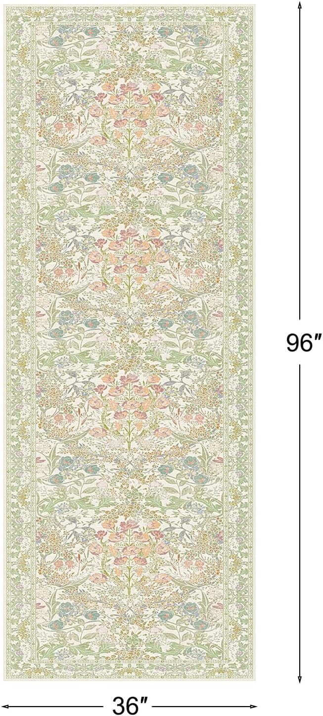 Lunasun Floral 3x8 Wide Hallway Runner - Sage Green with Cream Accent, Boho Forest Decor, Washable Low Pile Non Slip Stain Resistant Rug for Long Kitchen, Large Bathroom, Hall Way