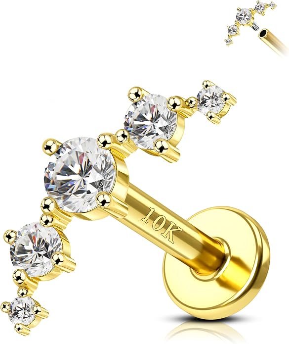 COCHARM Yellow Gold Helix Earring Stud 16g Flat Back 10K Real Gold Climber Helix Piercing Jewelry 6mm Solid Gold Cartilage Stud 8mm Cute 10kt Conch Stud Jewelry Hypoallergenic for Ears