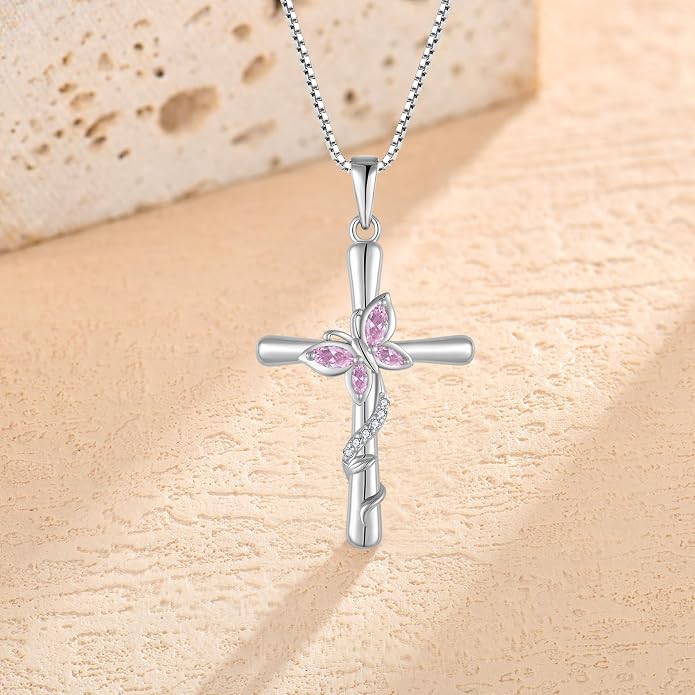 Cross Necklace for Women 925 Sterling Silver Butterfly Necklace Birthstone Pendant Created Gemstone Jewelry Gifts for Women