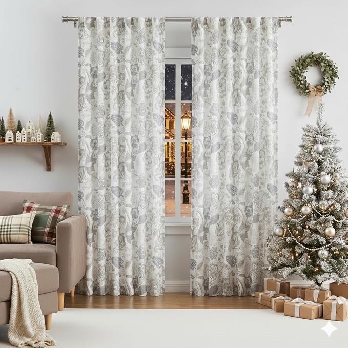 Kayne Studio Backtab Rod Pocket Jacobean Floral Semi Sheer Curtains Botanical Leaf Printed Vintage Farmhouse Curtains for Living Room Linen Grey Light Filtering Window Treatment Sets,52"x84",2 Panels