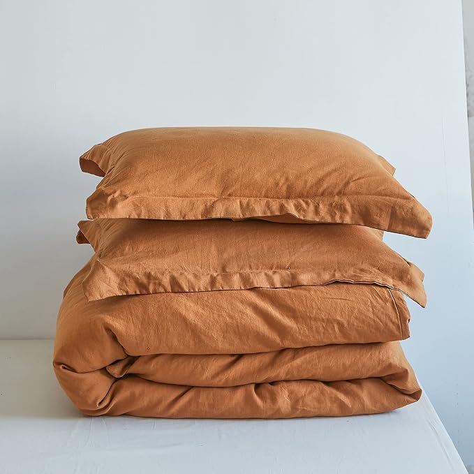 Simple&Opulence 100% Linen Duvet Cover Set 3pcs Basic Style Natural French Washed Flax Solid Color Soft Breathable Farmhouse Bedding with Button Closure - Rust, Queen