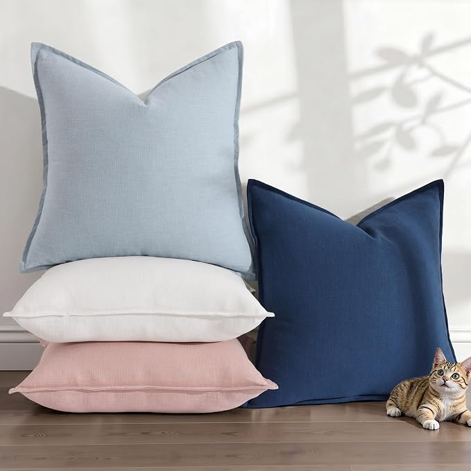 decorUhome Fall Sky Blue Linen Throw Pillow Covers 18x18 Set of 2 | Decorative Soft Cozy Modern Farmhouse Boho Accent Pillow Cases with Flange Edges for Couch Bed Sofa Living Room Home Decor