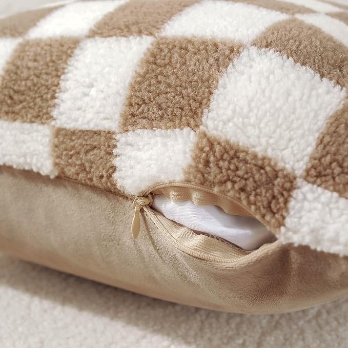 AmHoo Pack of 2 Decorative Throw Pillow Covers Checkerboard Luxury Super Soft Faux Fur Wool Set Case Cushion for Couch Sofa Bedroom 18 x 18-Inch Camel