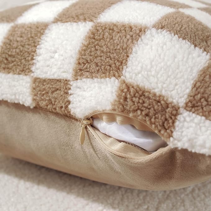 AmHoo Pack of 2 Decorative Throw Pillow Covers Checkerboard Luxury Super Soft Faux Fur Wool Set Case Cushion for Couch Sofa Bedroom 24 x 24-Inch Camel