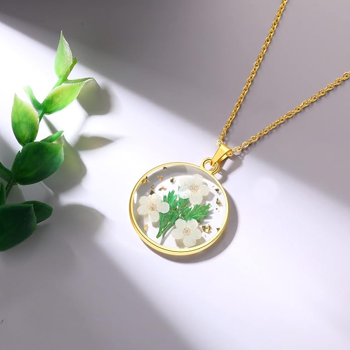 AUNTESIGN Forget-Me-Not and Queen Anne's Lace Pressed Wildflower Necklace | Birth Month Flowers Necklace | Gold/Silver Pressed Flower Jewelry | Mother's Day | Gift For Her