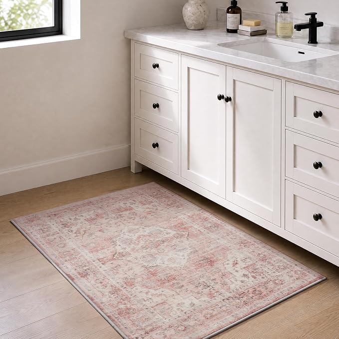 AMOAMI-2X3 Small Rug-Washable Rugs Entryway Mat Indoor-Soft Vintage Non Slip Rugs for Kitchen Laundry Room Bathroom Pink Decorative Accent Rug for in Front of Sink 24 Inch x36 Inch
