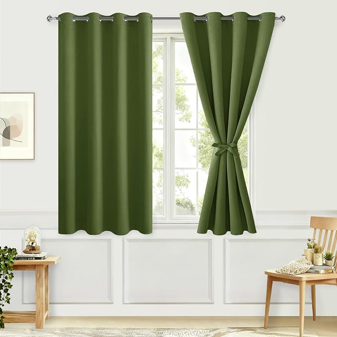 Hiasan Blackout Curtains for Bedroom, 52 x 54 Inches Long - Thermal Insulated & Energy Saving Window Curtains for Living Room, 2 Drape Panels Sewn with Tiebacks, Olive Green