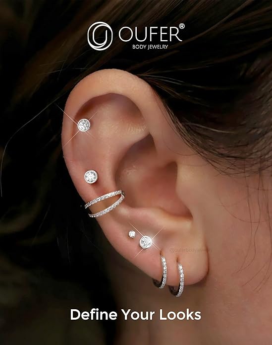 OUFER 925 Sterling Silver Helix Earrings Studs, 16G Flat Back Earrings, Silver Internally Threaded Cartilage Earrings Stud, Clear CZ Lip Rings, Ear Piercing Jewelry for Women Men