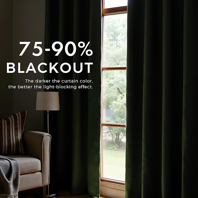 PRIMROSE Emerald Olive Green Velvet Curtains 72 inch Long for Living Room,Set of 2 Panels Blackout Rod Pocket Back Tab Window Treatment Room Darkening Heavy Decorative Curtains Drapes for Bedroom