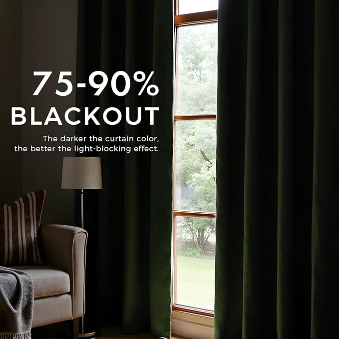 PRIMROSE Emerald Olive Green Velvet Curtains 63 inch Long for Living Room,Set of 2 Panels Blackout Rod Pocket Back Tab Window Treatment Room Darkening Heavy Decorative Curtains Drapes for Bedroom