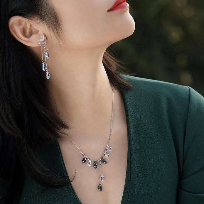 925 Sterling Silver Handmade Crystals Rain Drop Tassel layered Pendant Boho necklace statement Chandelier shape Lobster Clasp Length Choker 18"+2" Ideal Gift for Women Ladies Dress accessories.