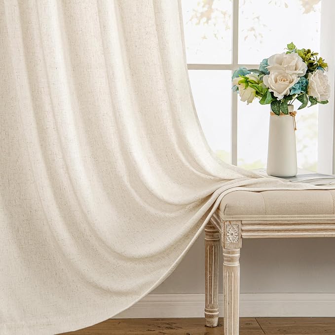 MIULEE Non-See-Through Privacy Linen Curtains 52W x 96L Inch Cream Ivory | 2 Panels, Light Filtering, Semi Sheer Window Curtains, Farmhouse Textured, Back Tab Drapes for Bedroom Living Room
