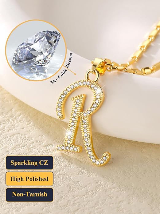 U7 Initial Necklace for Women, Gold/Platinum Plated CZ Crystal Letter A-Z Pendant Necklace, Shiny 20 Inch Name Chain Dainty Personalized Jewelry for Men Mom Wife Friend