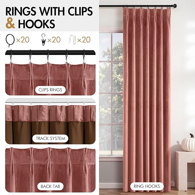 MIULEE Dusty Rose Velvet Curtains 96 inches Long, Pinch Pleated Blackout Drapes with Hooks, Thermal Insulated Pinch Pleat Panels for Bedroom Living Room, 2 Panels