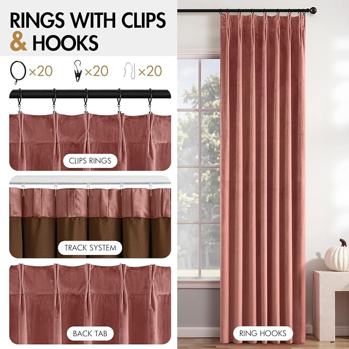 MIULEE Dusty Rose Velvet Curtains 108 inches Long, Pinch Pleated Blackout Drapes with Hooks, Thermal Insulated Pinch Pleat Panels for Bedroom Living Room, 2 Panels